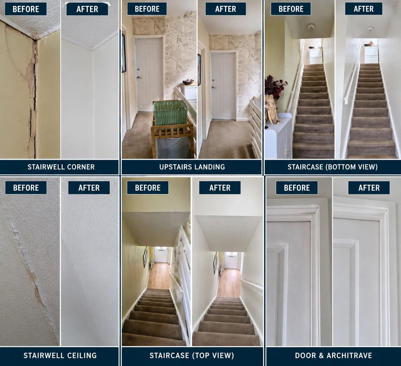 Original matched before and after comparison collage showing decorating of the stairwell, landing, ceiling and door trim